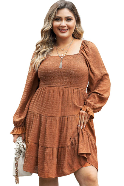 Chestnut Plus Size Smocked Ruffled Sleeve Tiered Mini Dress - L & M Kee, LLC