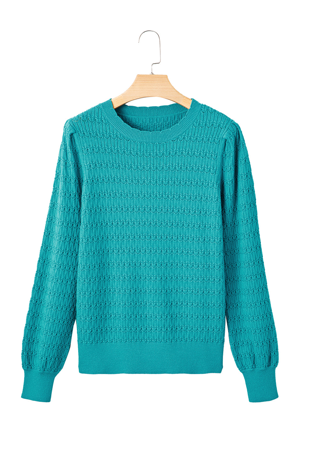 Sea Green Trendy Pattern Knit Ribbed Cuffs Crew Neck Sweater