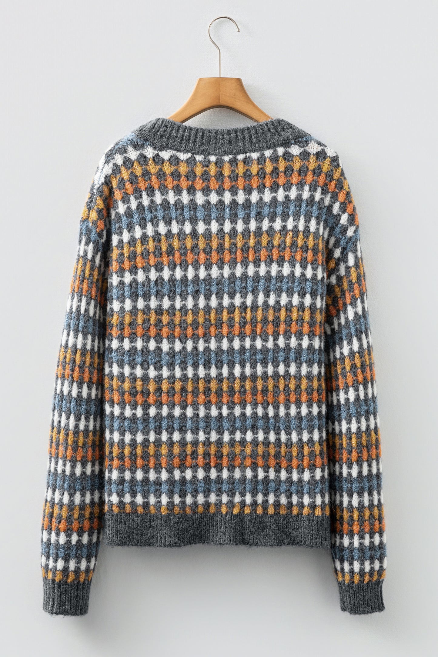 Gray Dotty Pattern Knit Button Front V Neck Sweater Cardigan