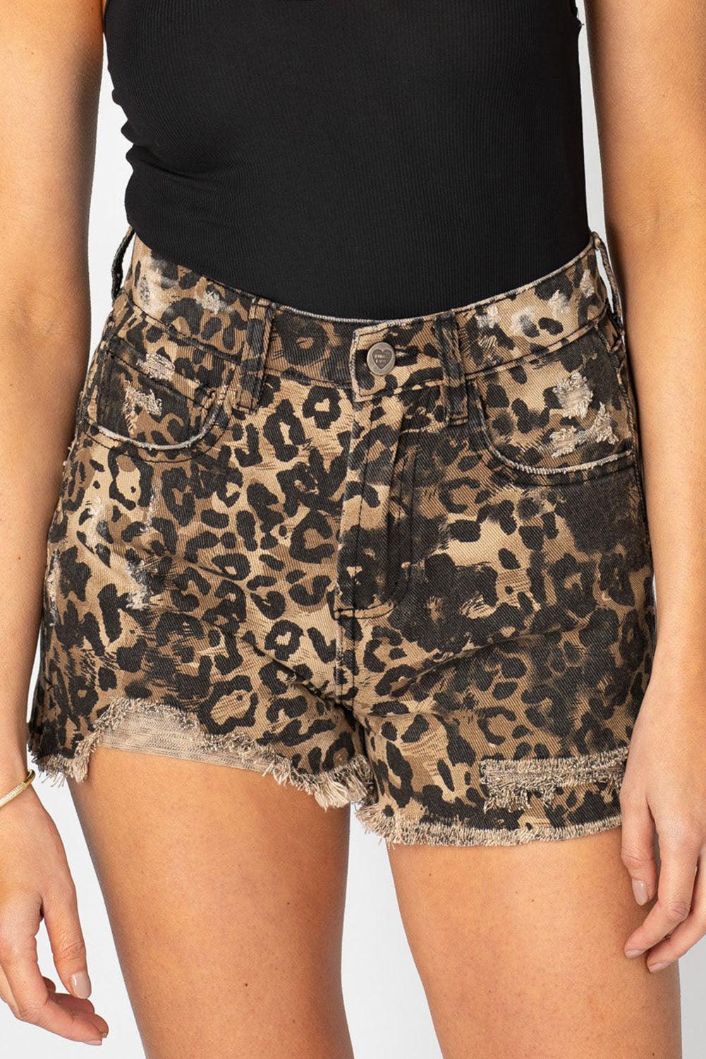 Leopard Print Ripped Denim Shorts