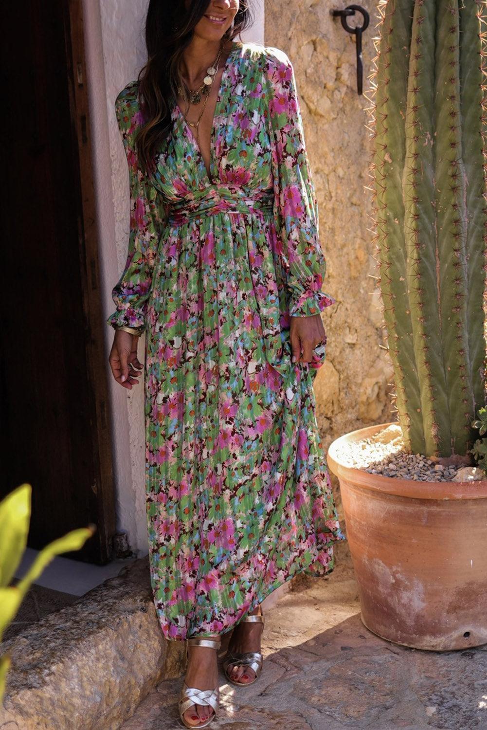 Green Floral Print Deep V Neck Ruched Cinched Waist Maxi Dress - L & M Kee, LLC