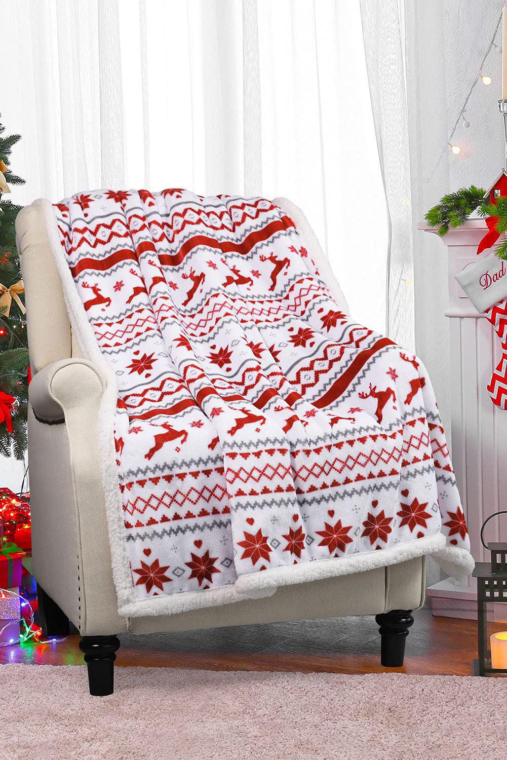 White Christmas Reindeer Snowflake Printed Sherpa Blanket - L & M Kee, LLC