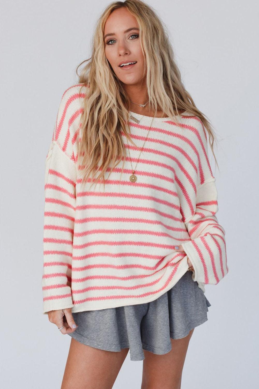 Yellow Striped Drop Shoulder Oversized Sweater - L & M Kee, LLC