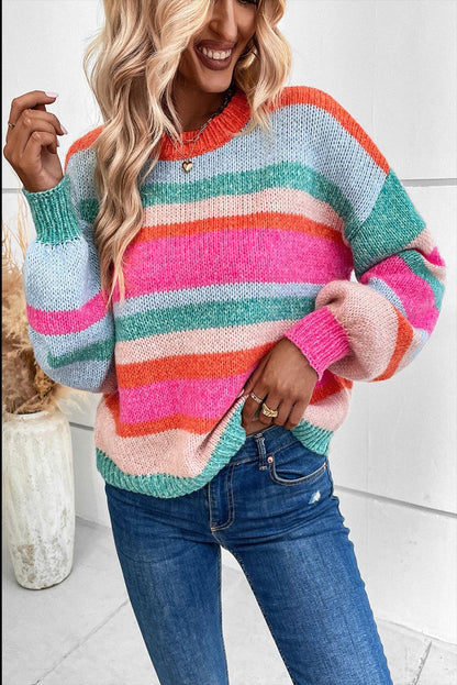 Multicolor Striped Knit Drop Shoulder Puff Sleeve Sweater - L & M Kee, LLC