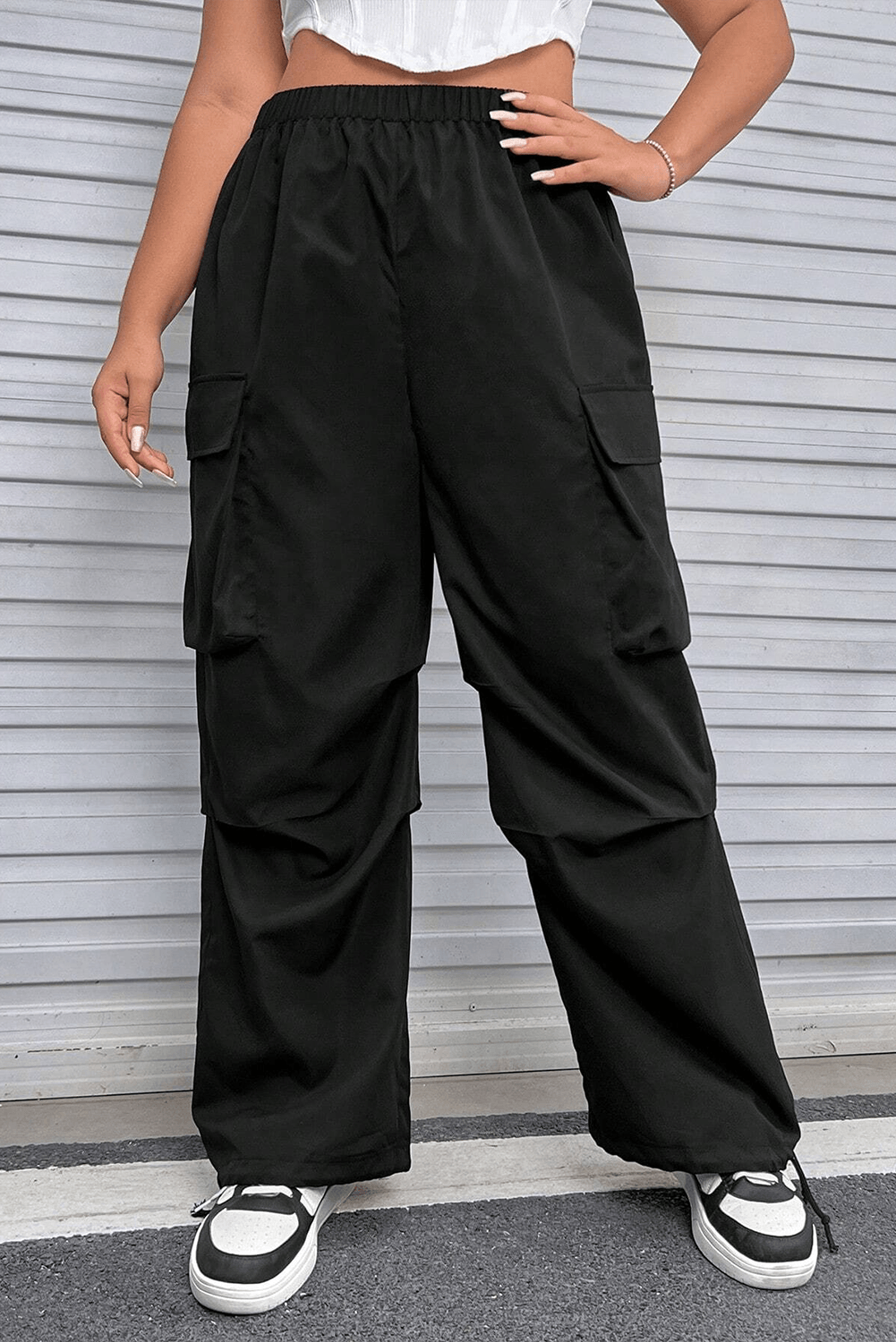 Black Plus Size Flap Pocket Elastic Waist Cargo Pants - L & M Kee, LLC