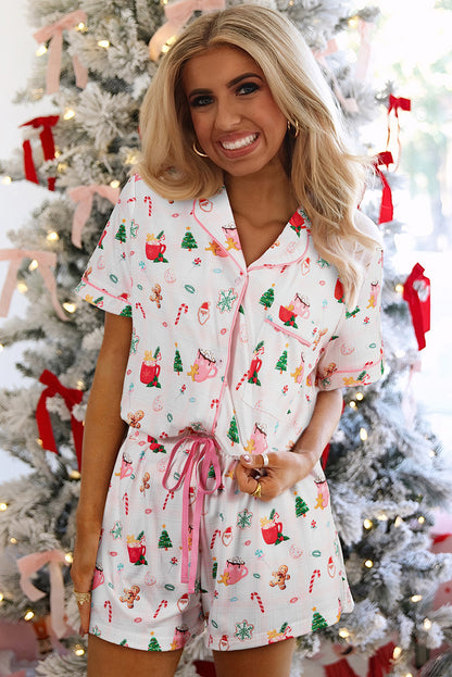 White Christmas Spirits Shirt Style 2pcs Short Pajama Set