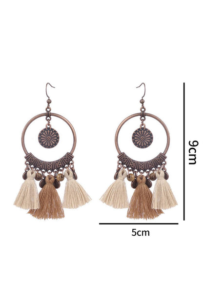 Beige Boho Round Tasseled Dangle Earrings - L & M Kee, LLC