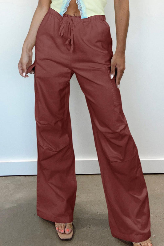Mineral Red Solid Color Drawstring Waist Wide Leg Cargo Pants - L & M Kee, LLC