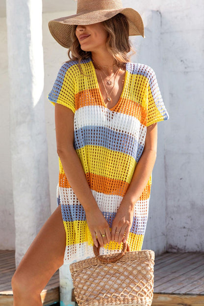 Yellow Striped Hollow Out Knit V Neck Tunic Cover Up - L & M Kee, LLC