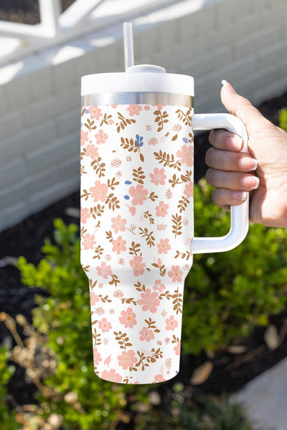 White Cute Flower Print Large Stainless Steel Tumbler 40oz - L & M Kee, LLC