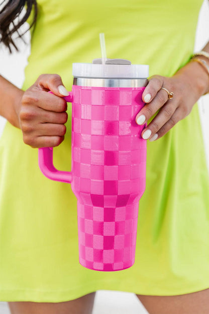 Dark Pink Checkered Print Handled Stainless Steel Tumbler Cup 40oz - L & M Kee, LLC