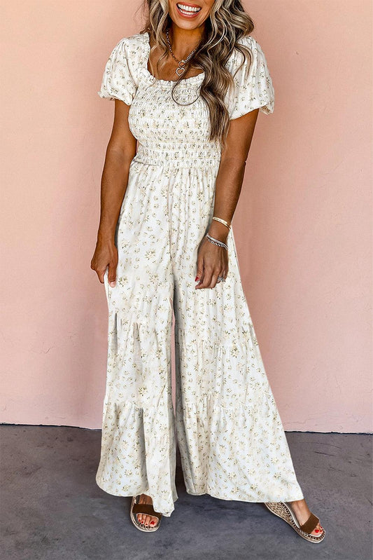 White Boho Floral Smocked Wide Leg Short Puff Sleeve Jumpsuit - L & M Kee, LLC