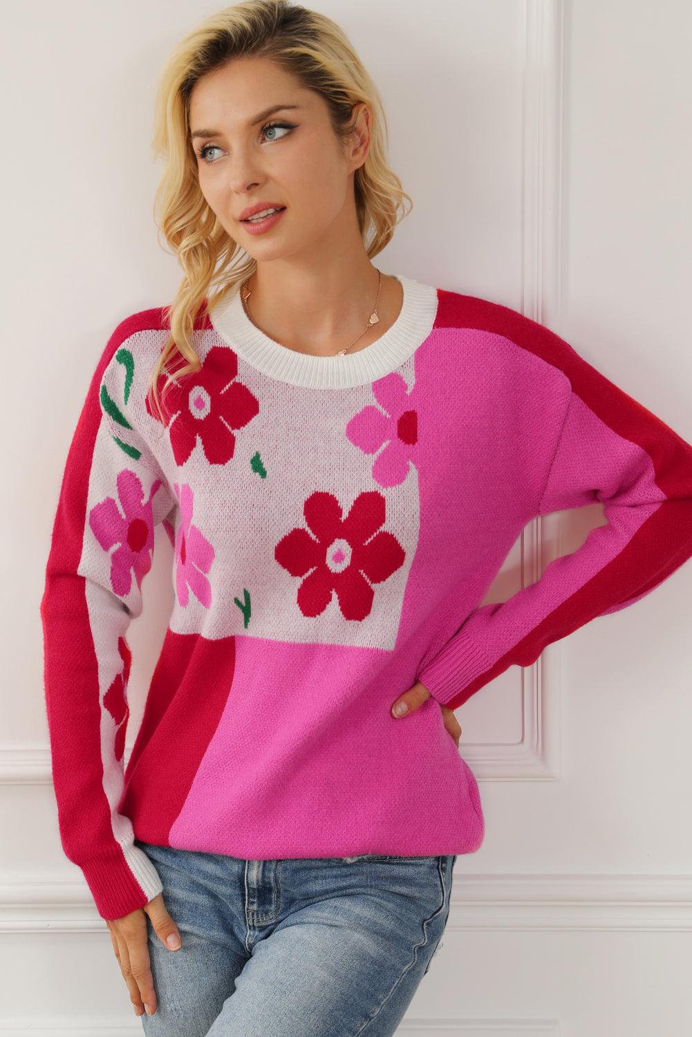 Rose Red Floral Mixed Color Block Sweater - L & M Kee, LLC