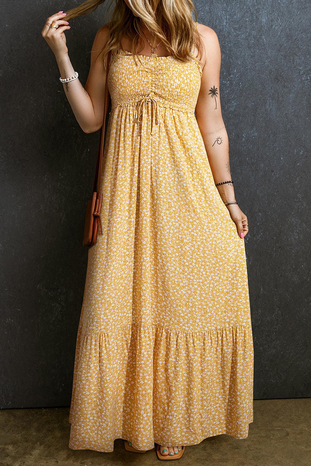 Yellow Frilly Smocked High Waist Floral Maxi Dress - L & M Kee, LLC