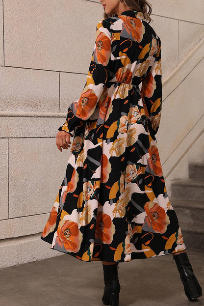 Orange Floral Print Tie Neck Long Sleeve Dress - L & M Kee, LLC