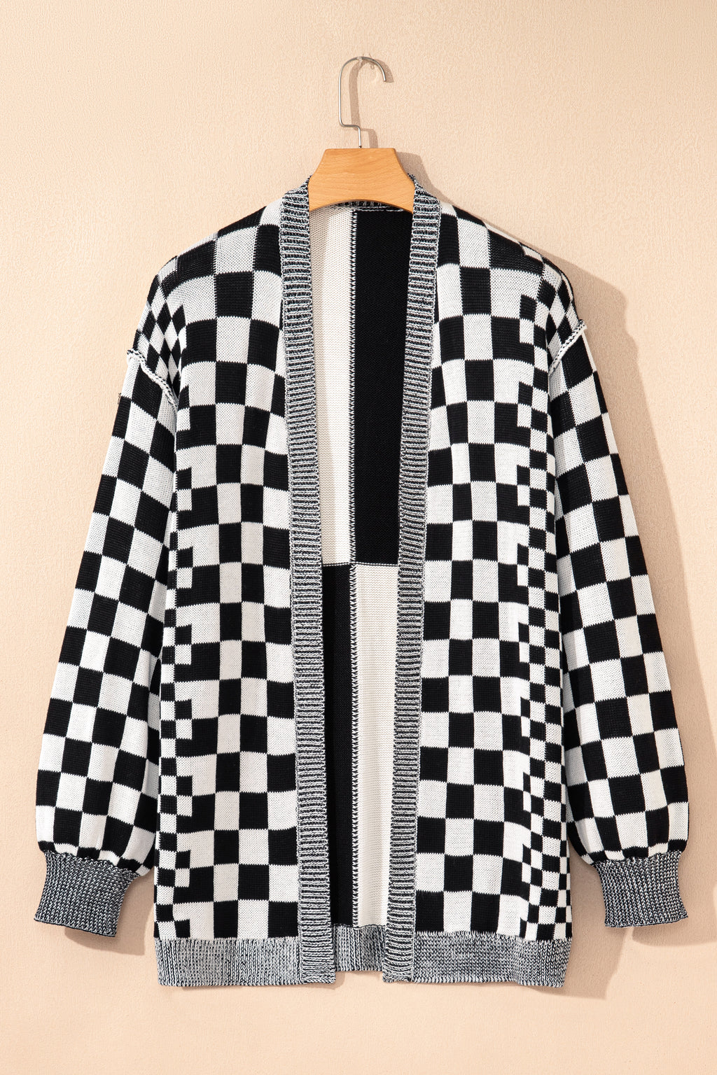 Black Checkered Bubble Sleeve Drop Shoulder Open Cardigan
