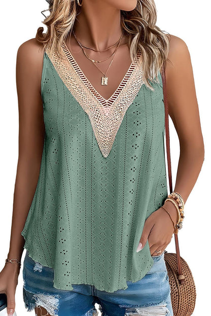 Mist Green Lace Crochet Splicing V Neck Loose Fit Tank Top - L & M Kee, LLC