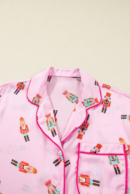 Pink Nutcracker Print Contrast Trim Tied up Bow Silky 2pcs Pajama Set