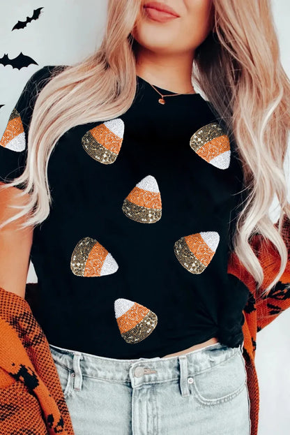 Black Sequin Triangle Patched Pattern Halloween T Shirt