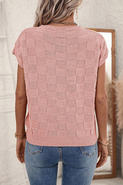 Gray Lattice Textured Knit Short Sleeve Sweater - L & M Kee, LLC