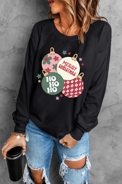 Black Floral Letter Christmas Ball Printed Crewneck Pullover Sweatshirt