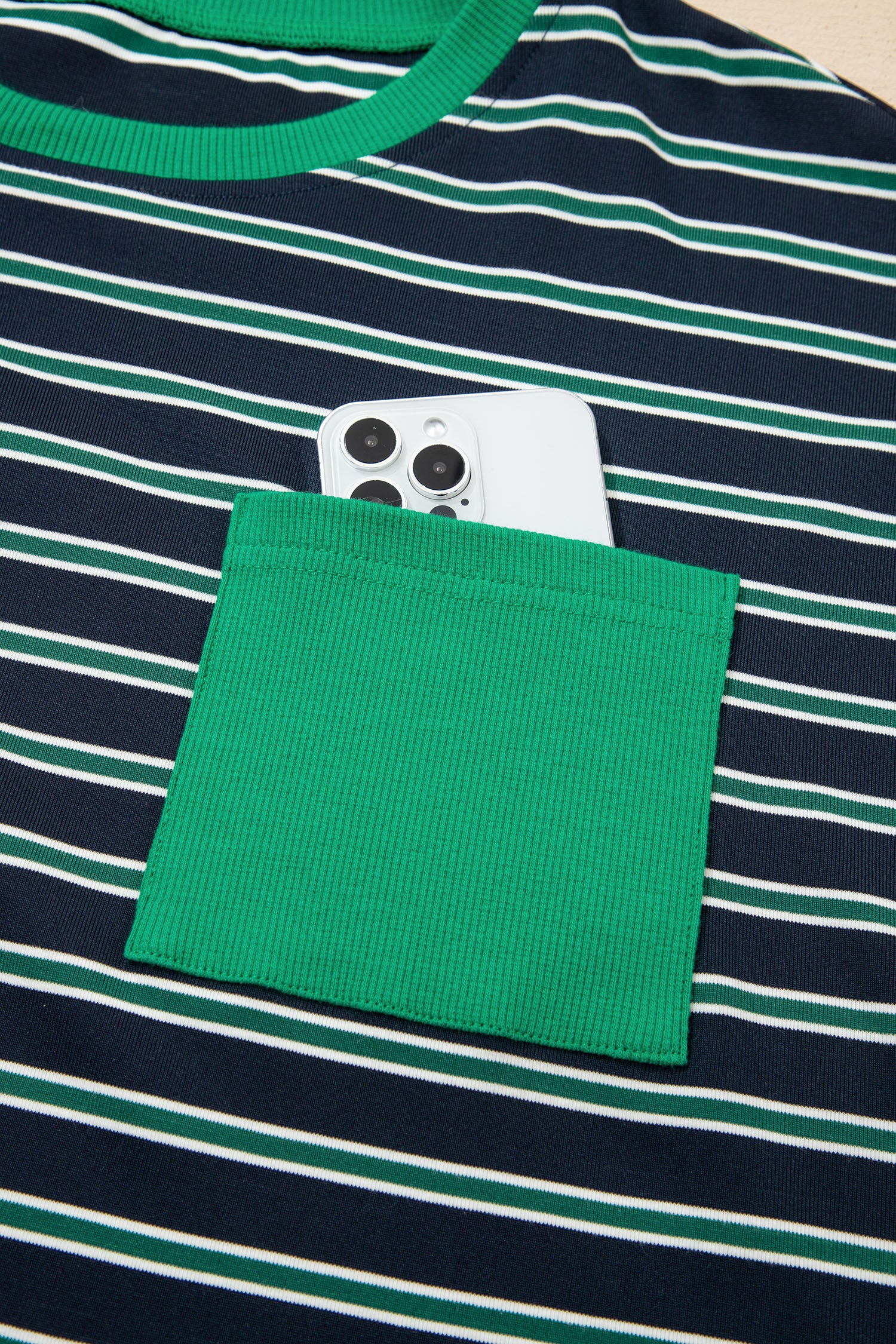 Green Stripe Ribbed Color Block Patchwork Crew Neck Patch Pocket Long Sleeve Top