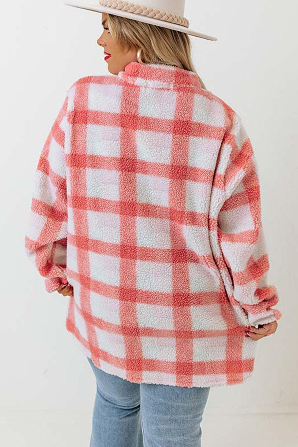 Pink Plus Size Tunic Plaid Sherpa Henley Sweatshirt - L & M Kee, LLC