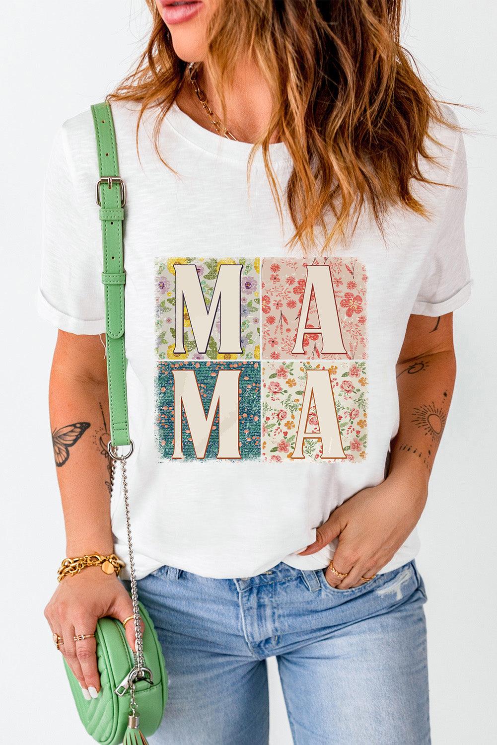 White MAMA Floral Block Graphic Casual T Shirt - L & M Kee, LLC