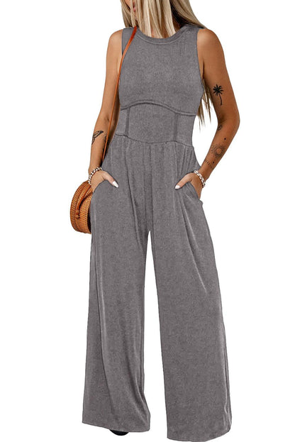 Medium Grey Cinched Waist Sleeveless Wide Leg Jumpsuit - L & M Kee, LLC