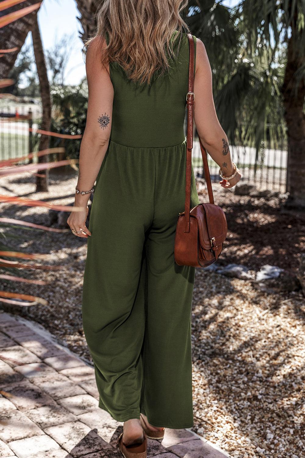 Moss Green Sleeveless V Neck Ruched Wide Leg Jumpsuit - L & M Kee, LLC