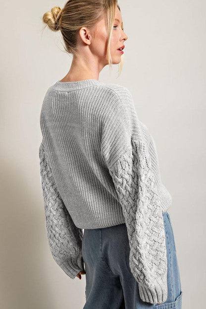 Parchment Cable Knit Sleeve Drop Shoulder Sweater - L & M Kee, LLC