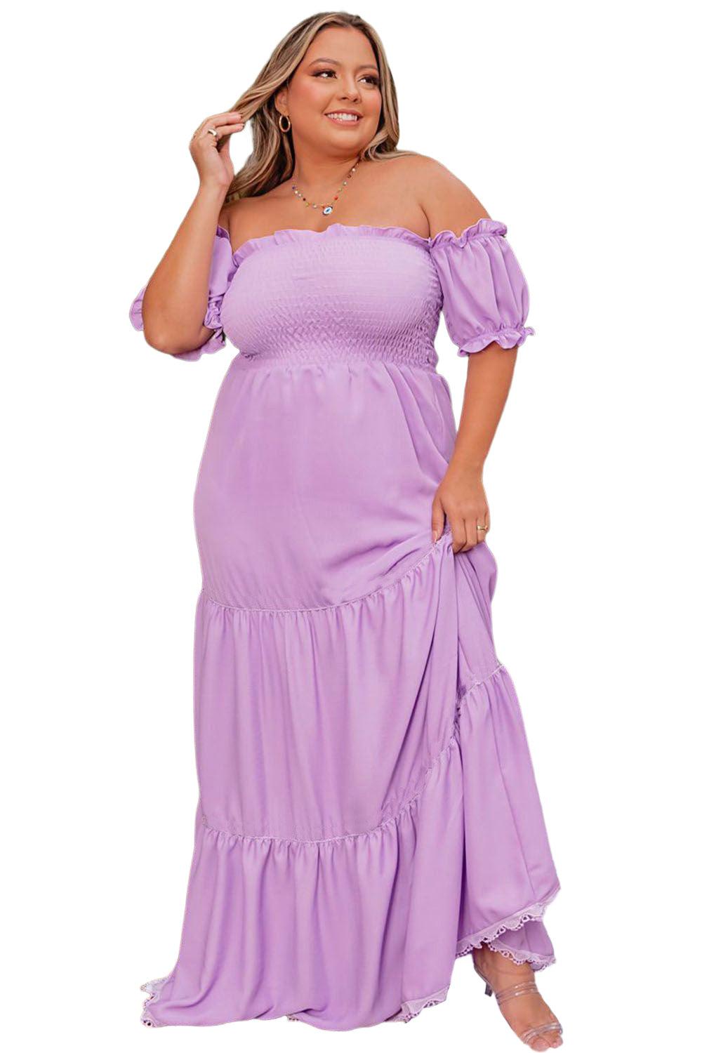 Ruffled Smocked Off Shoulder Plus Size Maxi Dress - L & M Kee, LLC