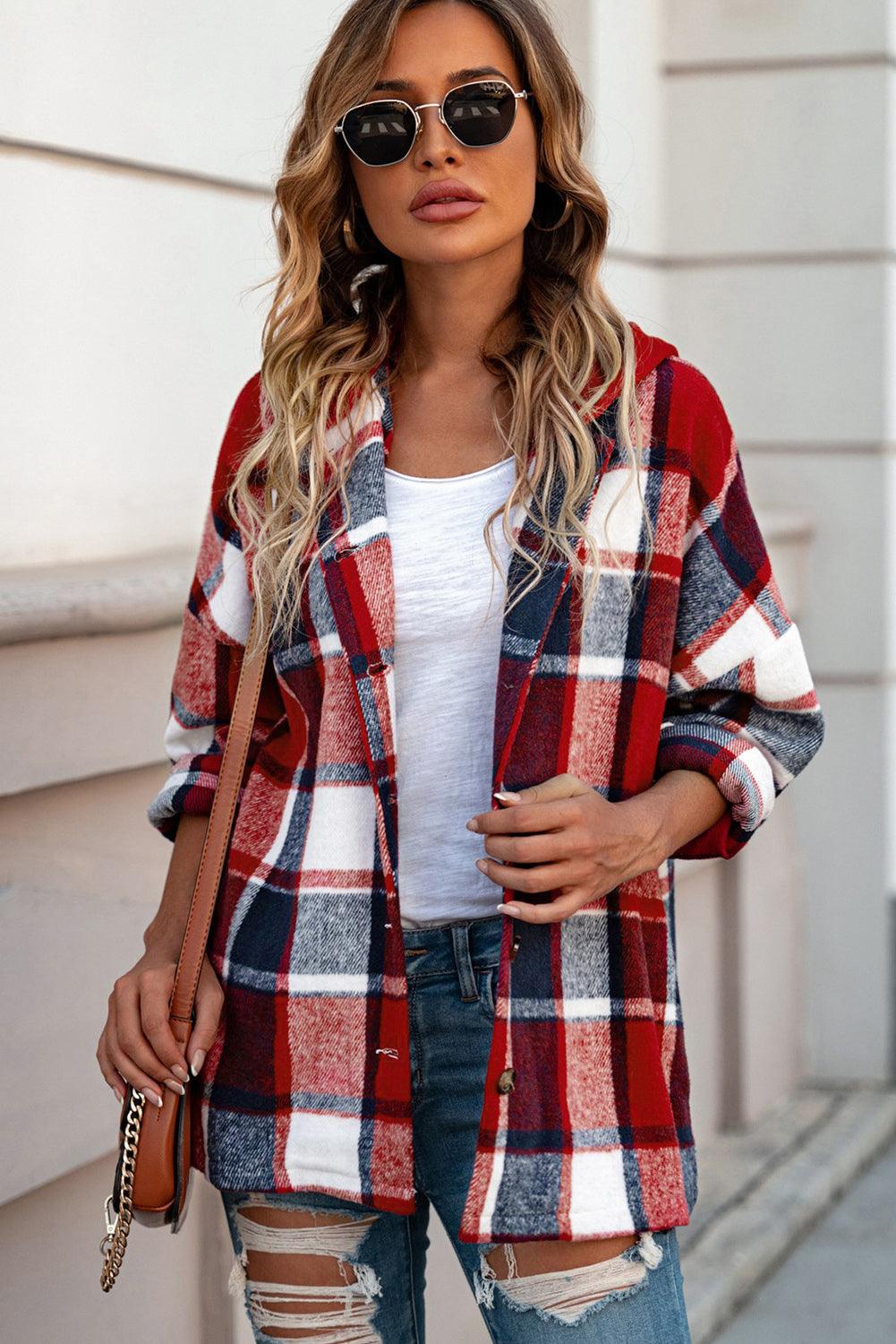 Red Hooded Plaid Button Front Shacket - L & M Kee, LLC