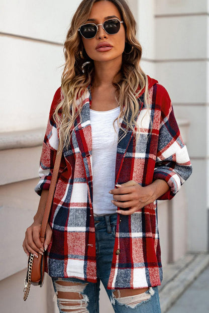 Red Hooded Plaid Button Front Shacket - L & M Kee, LLC