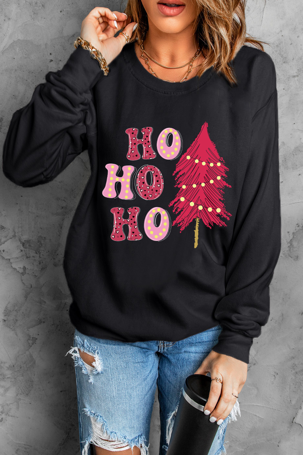 Black HO HO HO Christmas Tree Graphic Pullover Sweatshirt