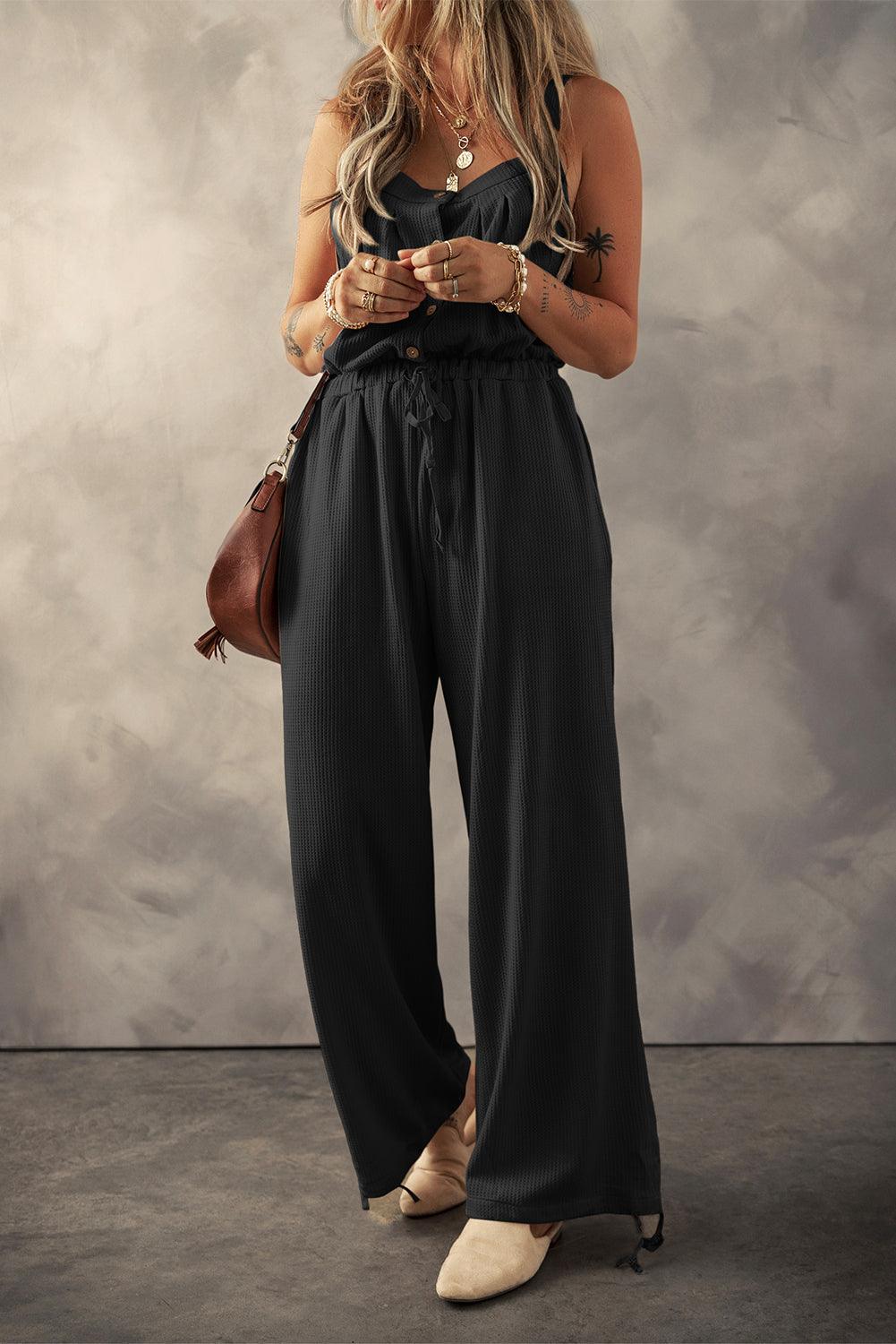 Black Knotted Straps Button Textured Drawstring Jumpsuit - L & M Kee, LLC