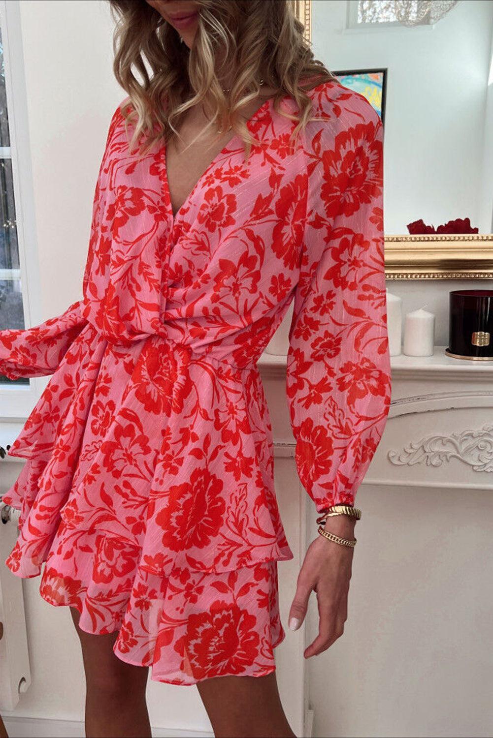 Red Floral Ruffle Layered Puff Sleeve Surplice Dress - L & M Kee, LLC