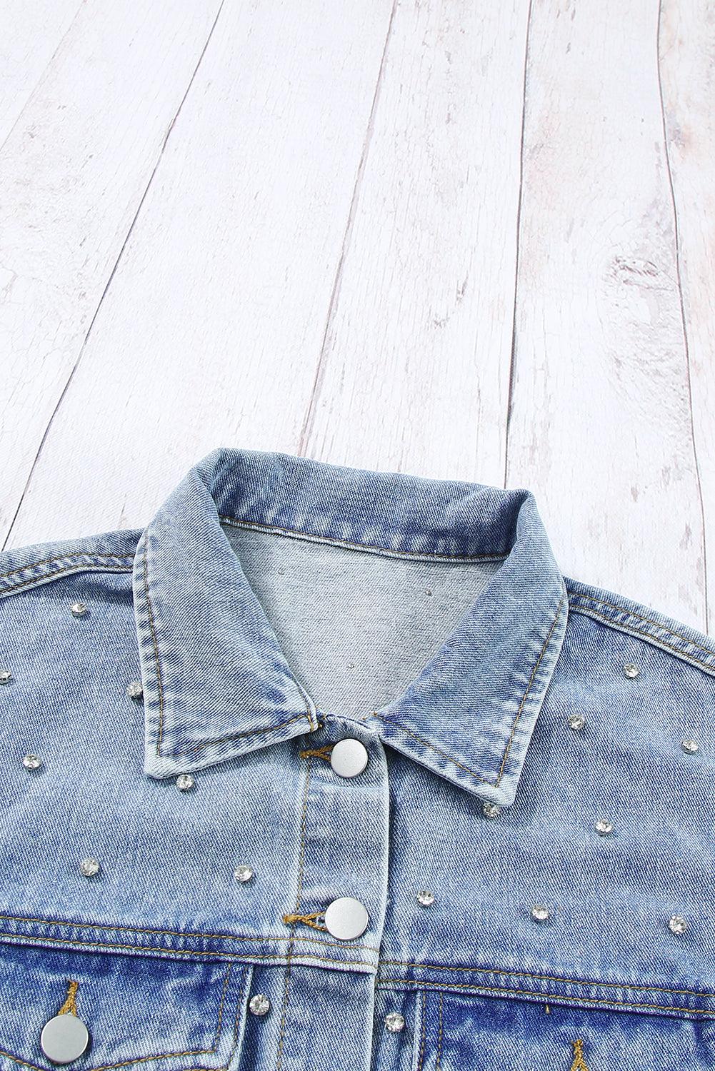 Mist Blue Rhinestones Studded Denim Jacket - L & M Kee, LLC