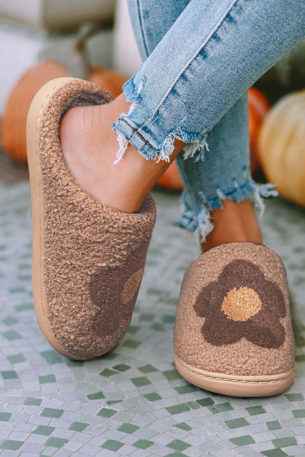 Camel Fuzzy Flower Pattern Homewear Slippers - L & M Kee, LLC