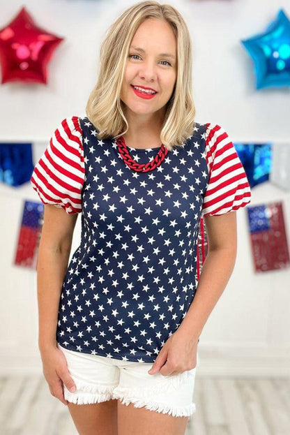 Navy Blue 4th Of July Stars Stripes Puff Sleeve T Shirt - L & M Kee, LLC