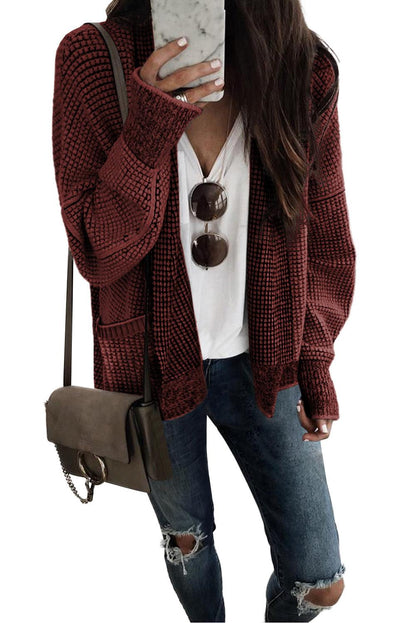 Red Chunky Waffle Knit Oversized Collar Cardigan - L & M Kee, LLC