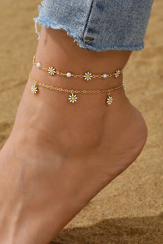 Gold Daisy & Pearl Chain Anklet