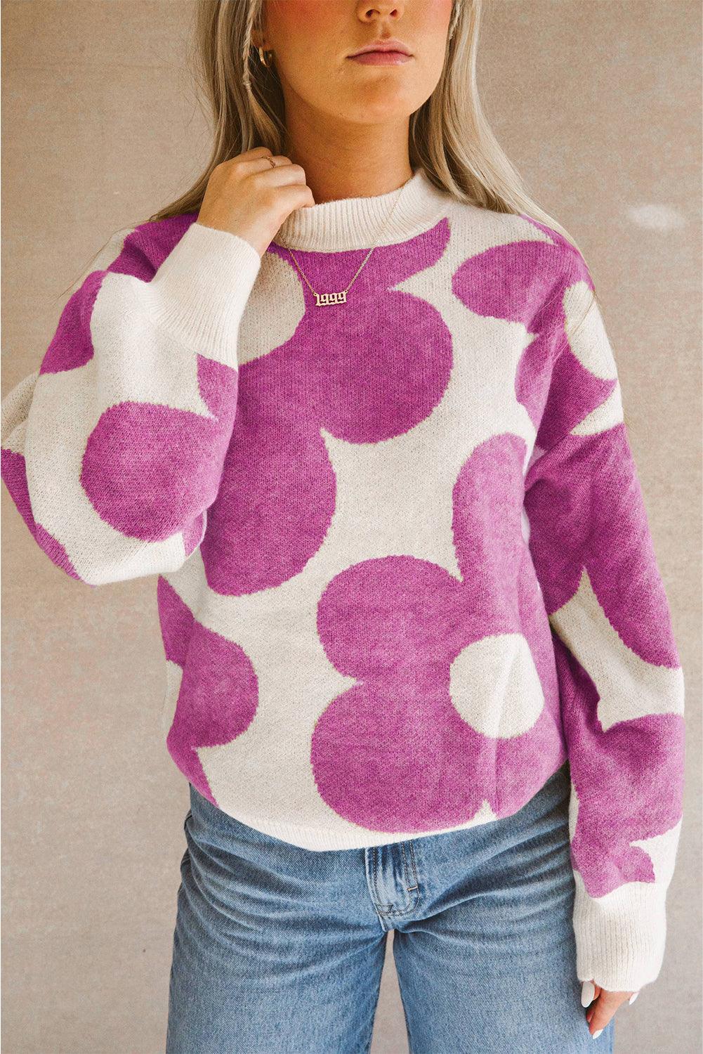 Bright Pink Big Flower Pattern Drop Shoulder Sweater - L & M Kee, LLC