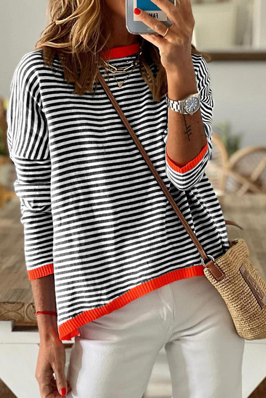 Black Contrast Trimmed Striped Drop Shoulder Sweater - L & M Kee, LLC