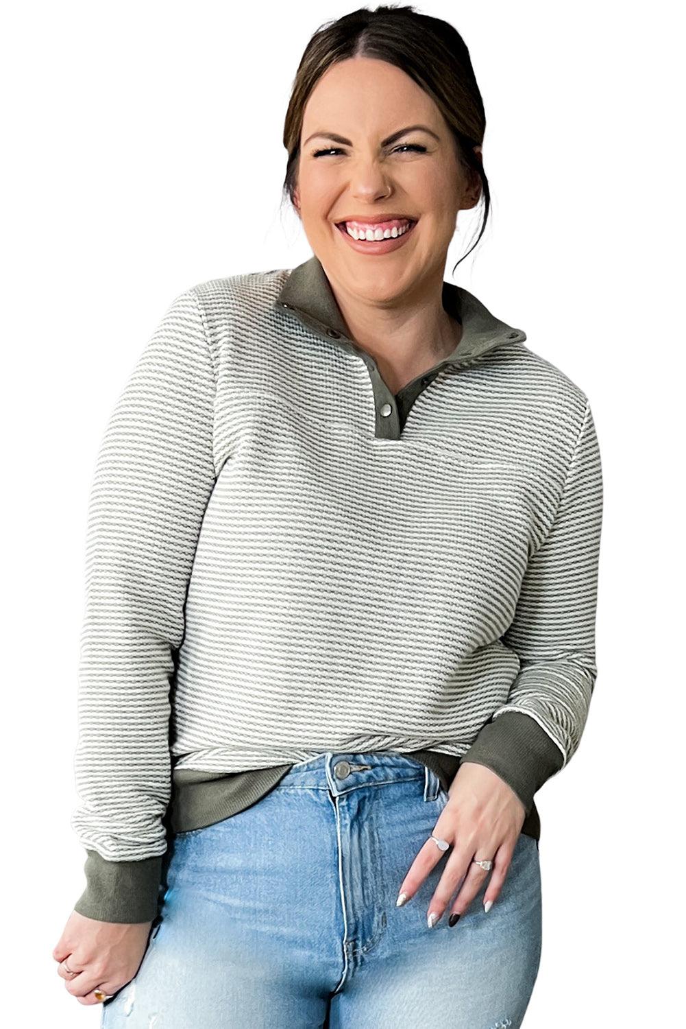 Green Striped Contrasting Trim Plus Size Henley Pullover - L & M Kee, LLC