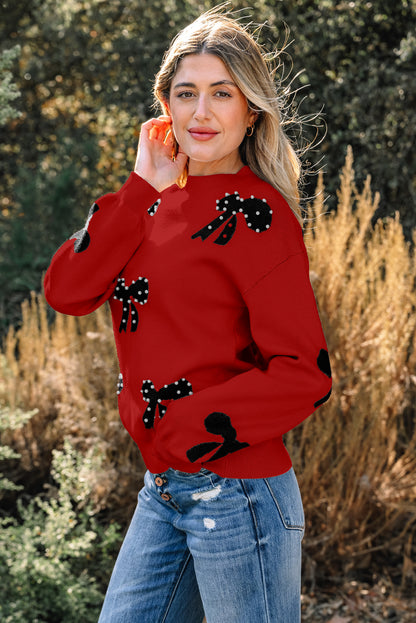 Racing Red Pearl Embellished Bow Pattern Loose Sweater