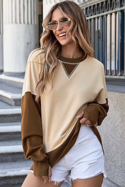 Parchment Color Block Thumbhole Sleeve Drop Shoulder Sweatshirt