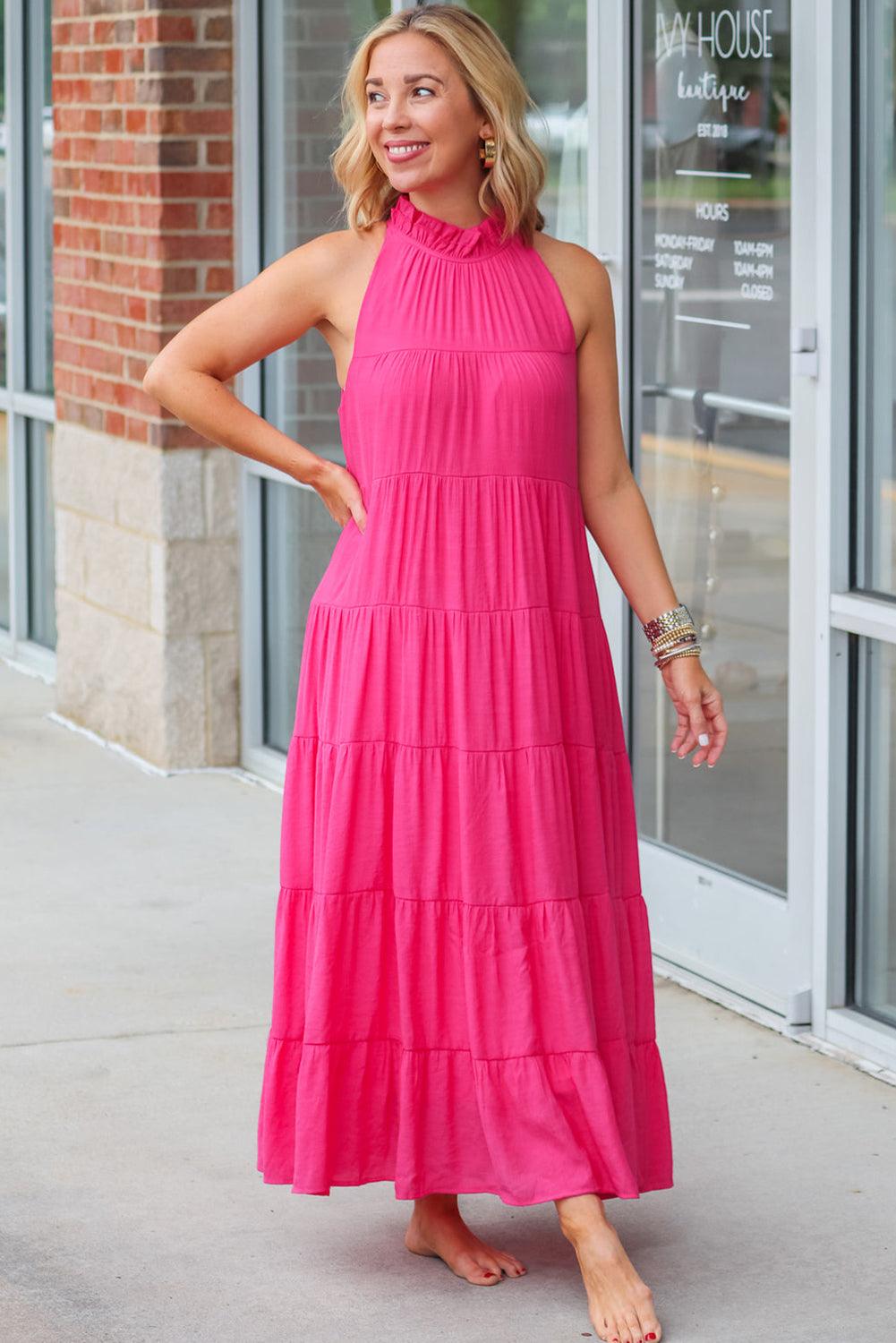 Rose Red High Frilled Neck Tiered Sleeveless Maxi Dress - L & M Kee, LLC