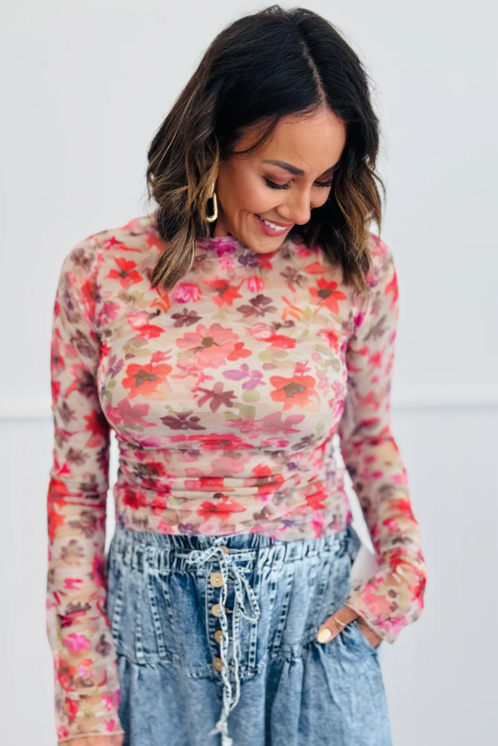 Red Floral Print Long Sleeve Slim Fit Mesh Top