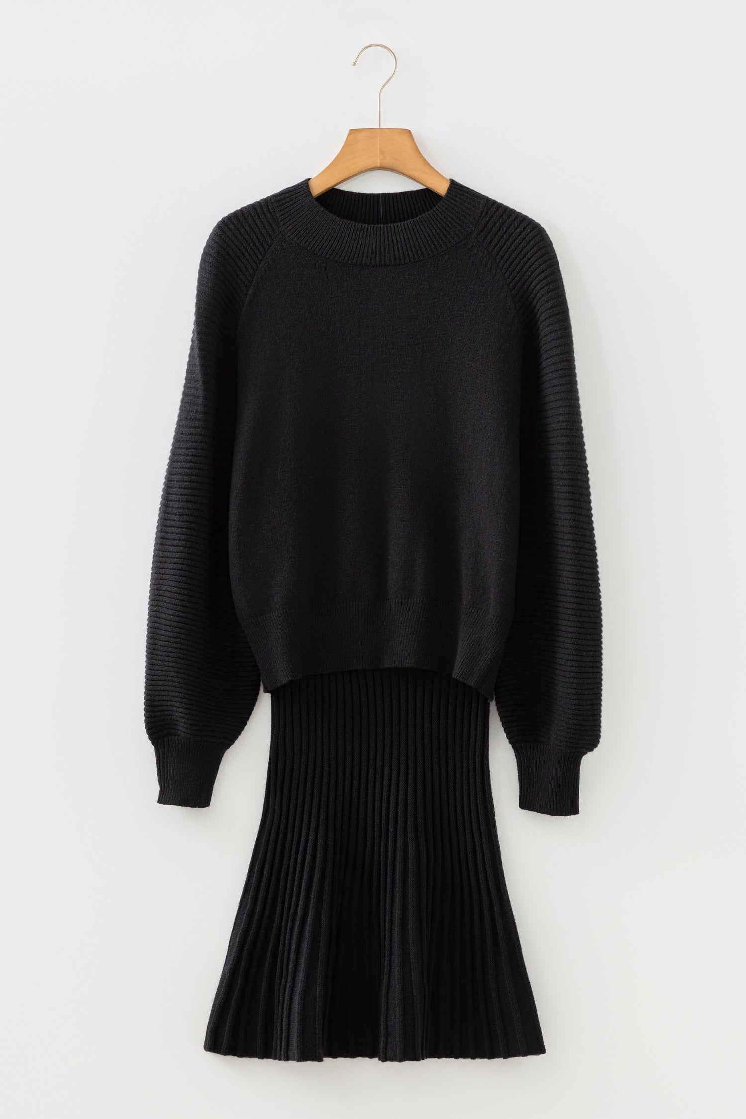 Black High Neck Puff Sleeve Sweater Pleated Mini Skirt 2pcs Knitted Outfit
